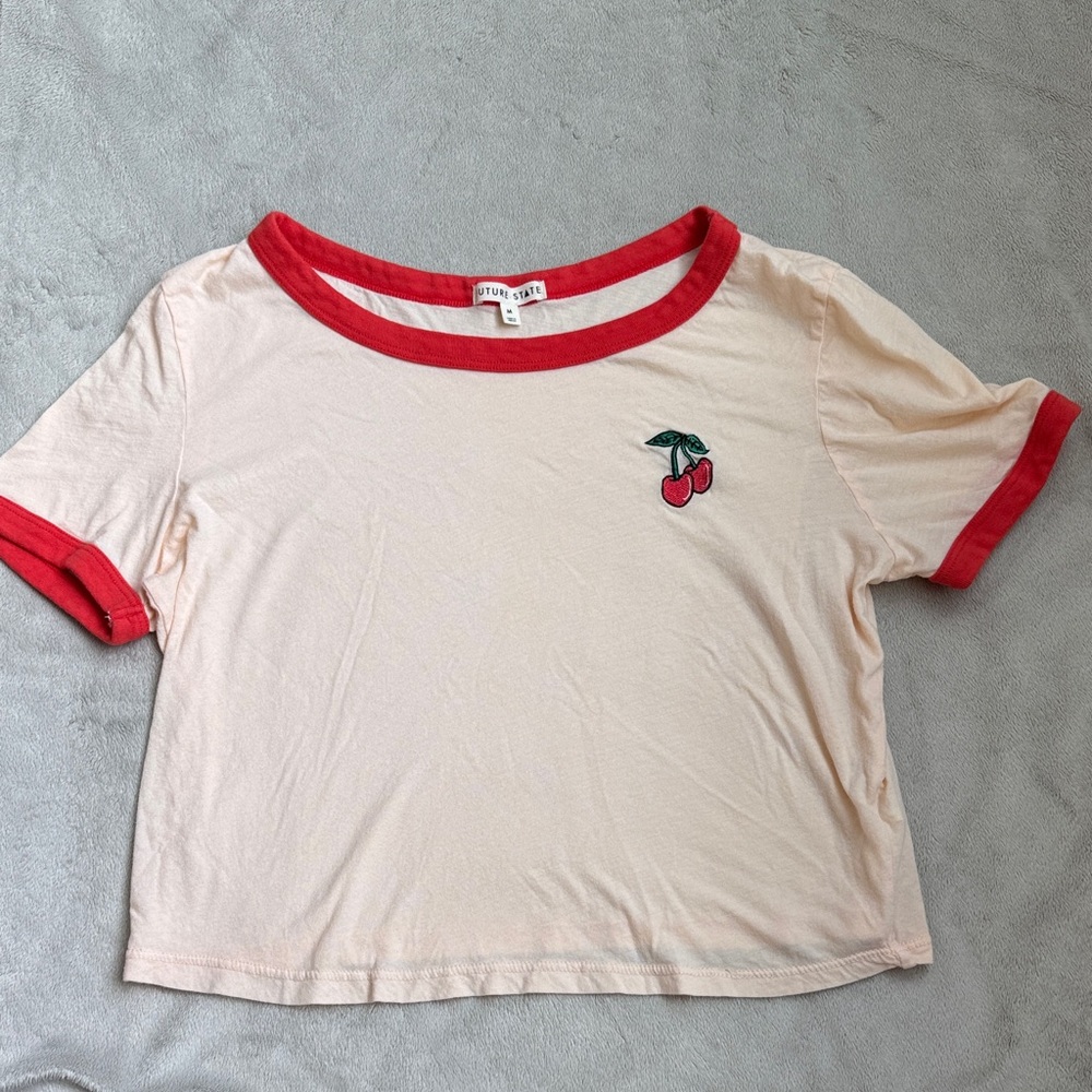 Cherry Accent Crop Top - Cream and Red